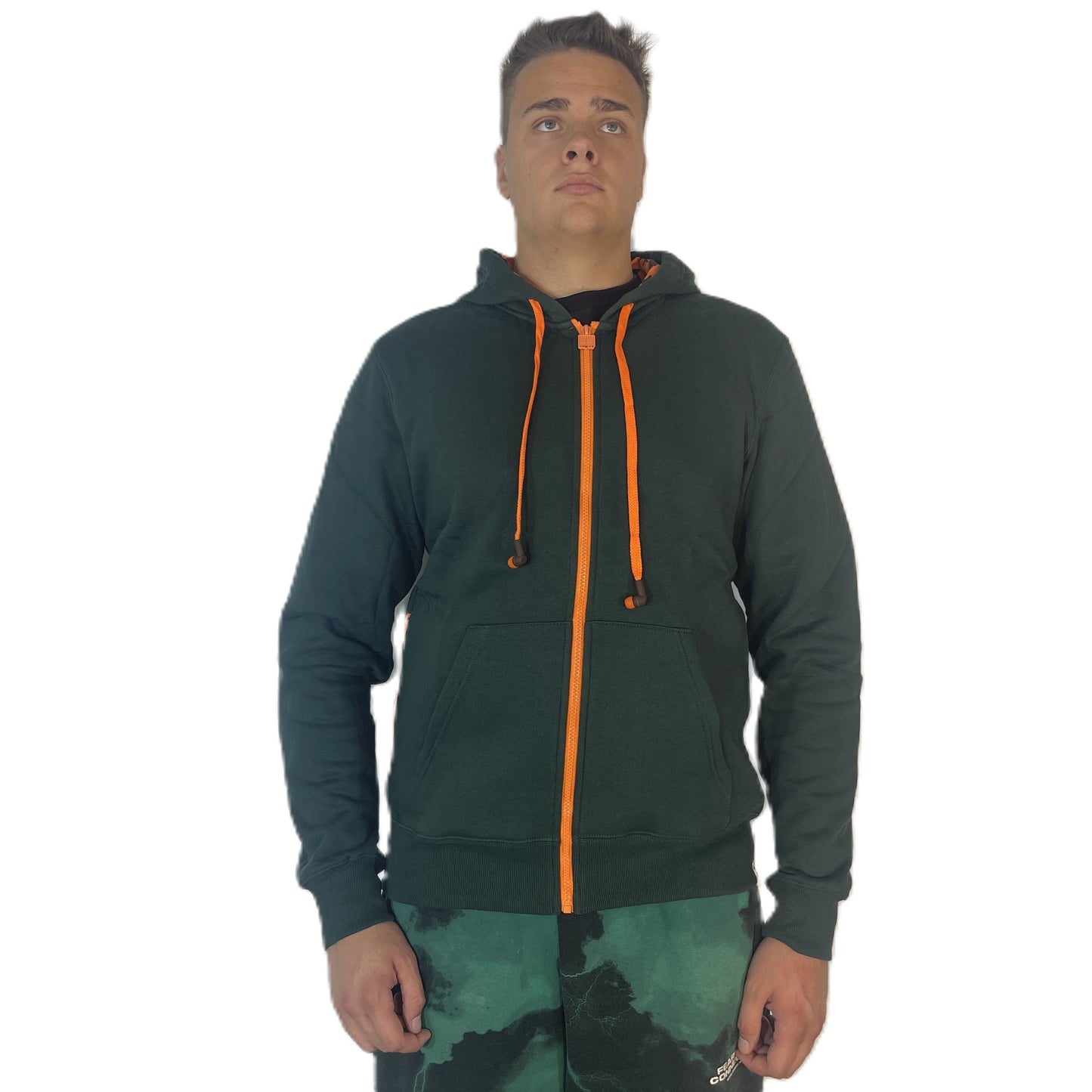 Hoodie Buddie™ Dark Green  Hoodie With Orange Zipper